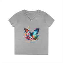 Load image into Gallery viewer, Chasing Sunshine and Butterflies V-Neck Tee — "Chasing sunshine and butterflies" Floral Graphic