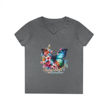 Load image into Gallery viewer, Chasing Sunshine and Butterflies V-Neck Tee — "Chasing sunshine and butterflies" Floral Graphic