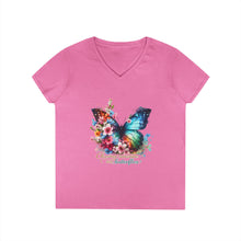 Load image into Gallery viewer, Chasing Sunshine and Butterflies V-Neck Tee — "Chasing sunshine and butterflies" Floral Graphic