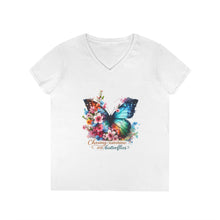 Load image into Gallery viewer, Chasing Sunshine and Butterflies V-Neck Tee — "Chasing sunshine and butterflies" Floral Graphic