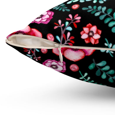 Floral in Black Spun Polyester Square Pillow