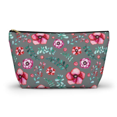 Floral In Gray Accessory Pouch w T-bottom